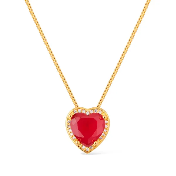 Colar Dourado de Pedra Natural Vermelha Coração Cravejado de Zircônia